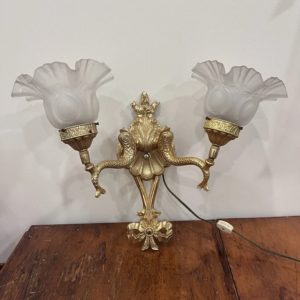Antique Gilt Rococo 2 Arm Wall Sconce  Electric Corded Fish Glass Scallop Shades